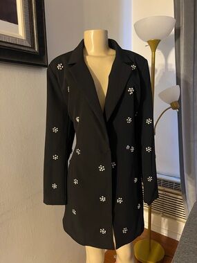 Black Embellished Long Blazer Jacket - Women